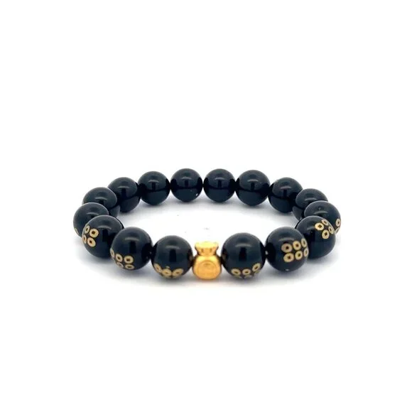 24K Yellow Gold Money Bag Lucky Bracelet Carved Black Agate Gemstones 10mm - Picture 1 of 5